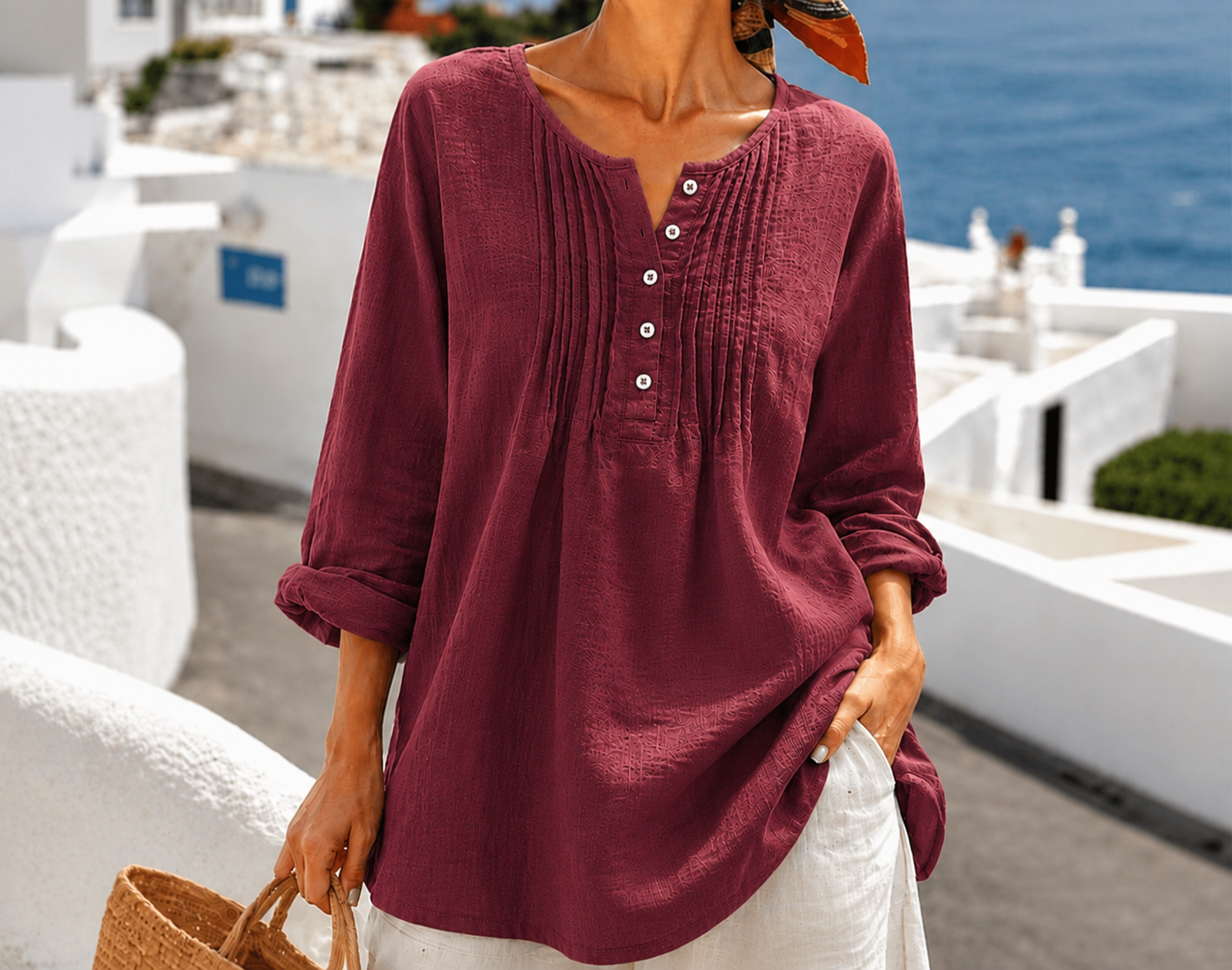 Women's Casual Pleated Henley Blouse – Long Sleeve Relaxed Fit Top