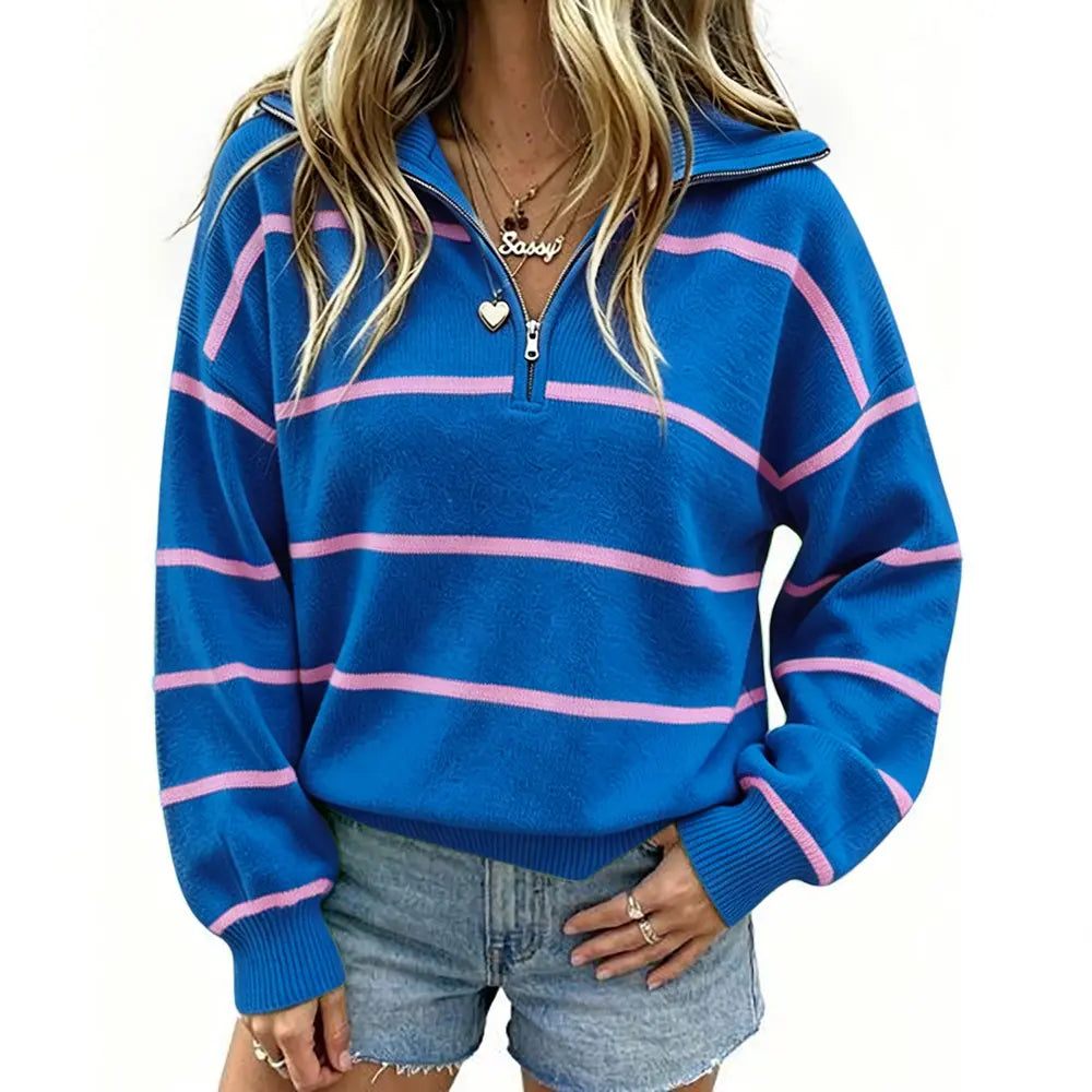 Women's Cozy Striped Quarter Zip Pullover Sweater | Relaxed Fit Vintage Knit Top