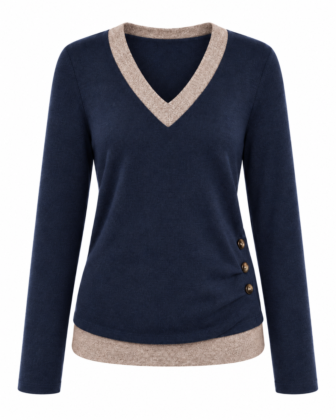 Women's Casual V-Neck Long Sleeve Knit Top with Side Button Detail