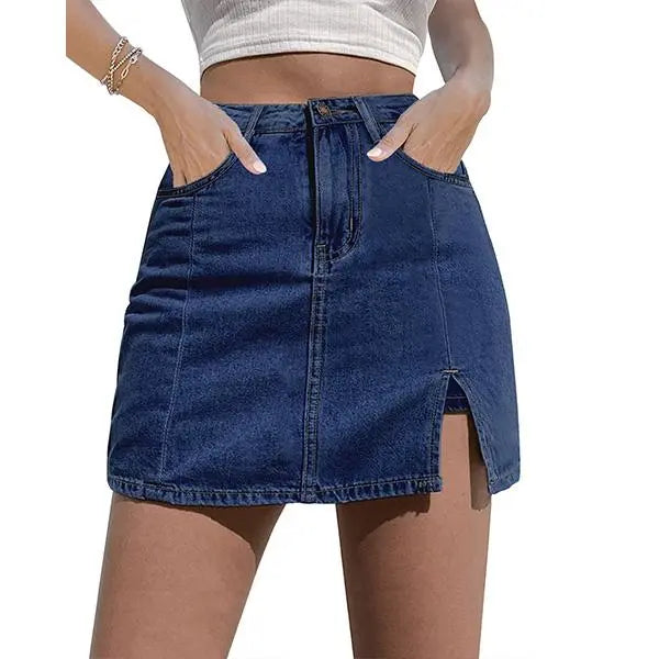 Women’s Denim Skort with Built-In Shorts – High-Waisted Stretch Mini Jean Skirt with Side Slit