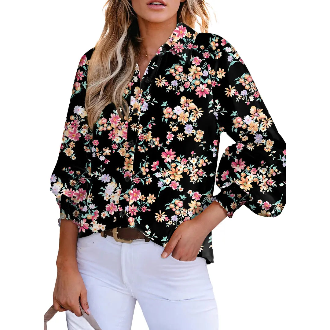 Women’s Floral Chiffon Button Down Blouse – V Neck Long Sleeve Casual Boho Shirt