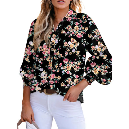 Women’s Floral Chiffon Button Down Blouse – V Neck Long Sleeve Casual Boho Shirt