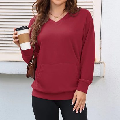 Women's V Neck Sweatshirt with Kangaroo Pocket, Fleece Long Sleeve Oversized Pullover, Casual Hoodless Top