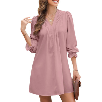 Women’s Casual V-Neck A-Line Dress – Ruffle Sleeve Pleated Flowy Midi Dress