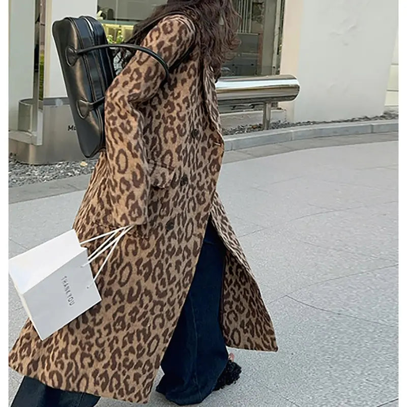 Women's Leopard Print Double-Breasted Wool Blend Trench Coat – Long Winter Overcoat