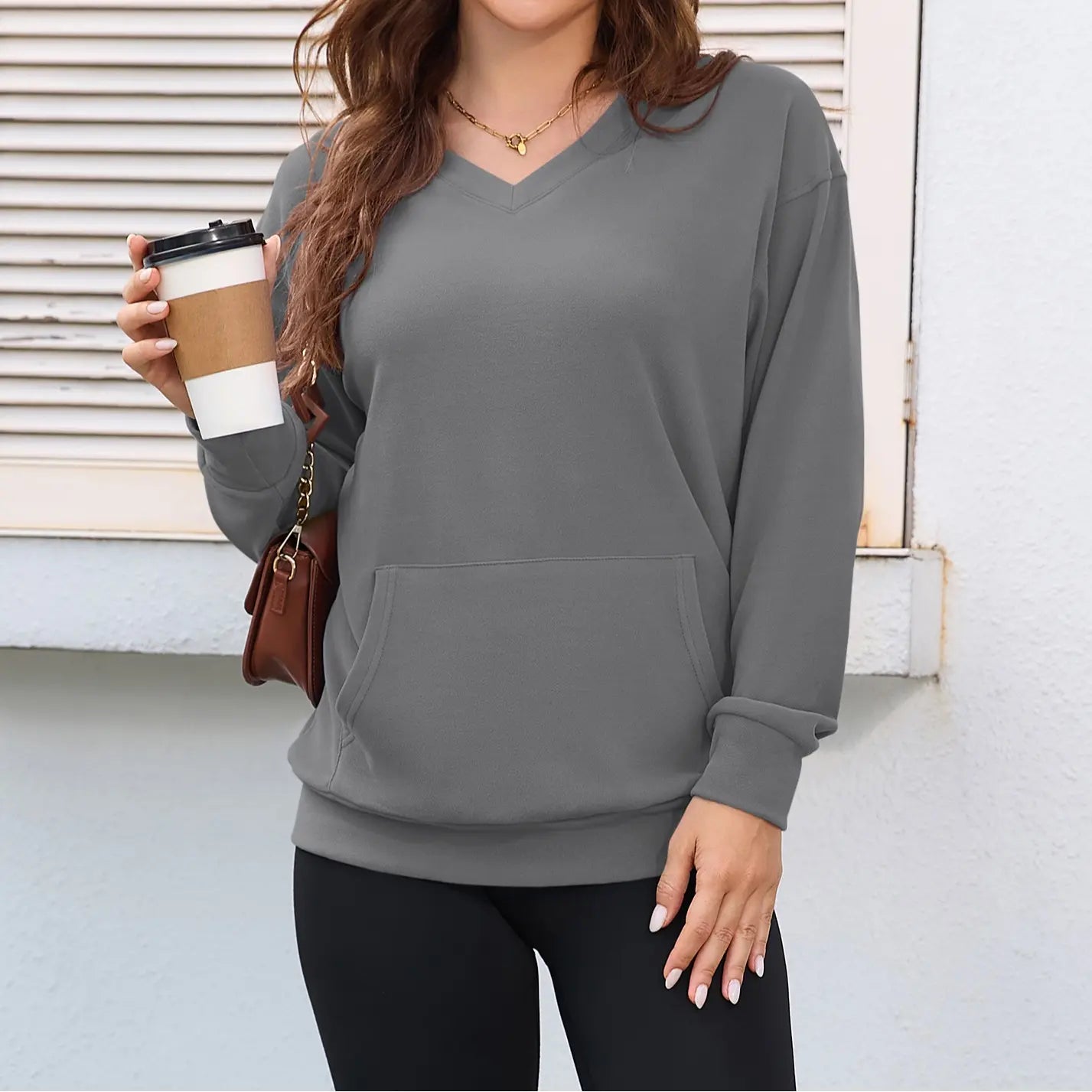 Women's V Neck Sweatshirt with Kangaroo Pocket, Fleece Long Sleeve Oversized Pullover, Casual Hoodless Top