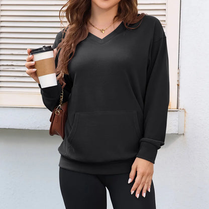 Women's V Neck Sweatshirt with Kangaroo Pocket, Fleece Long Sleeve Oversized Pullover, Casual Hoodless Top