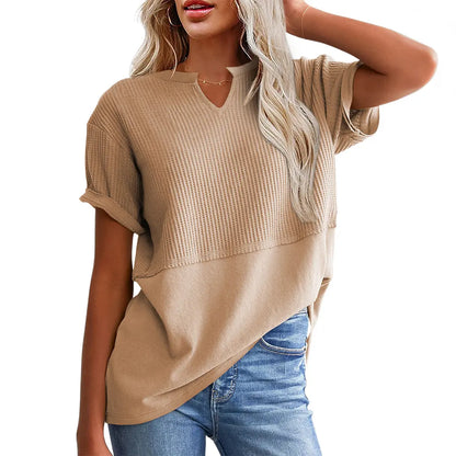 Women's Waffle Knit V-Neck Short Sleeve Top – Loose Fit Casual Summer T-Shirt