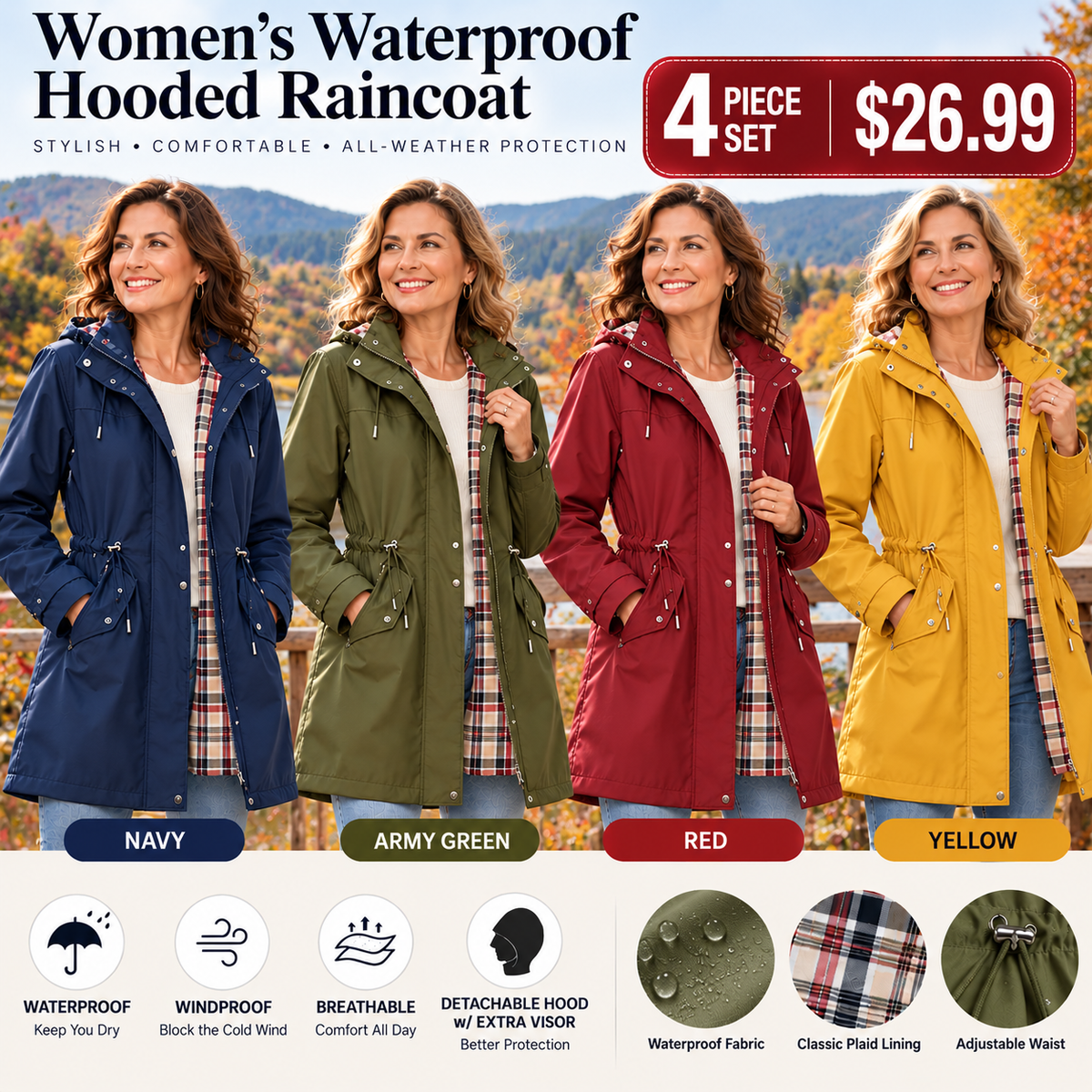 Women's Lightweight Waterproof Hooded Rain Jacket – Stylish, Comfortable & Windproof