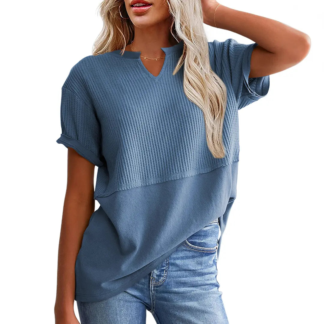 Women's Waffle Knit V-Neck Short Sleeve Top – Loose Fit Casual Summer T-Shirt