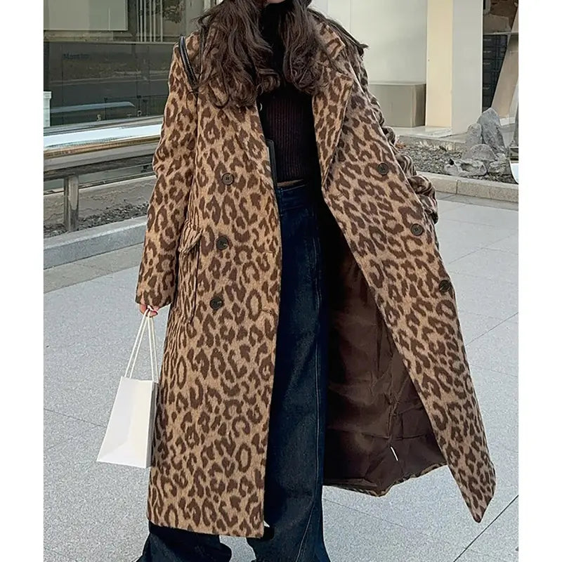 Women's Leopard Print Double-Breasted Wool Blend Trench Coat – Long Winter Overcoat