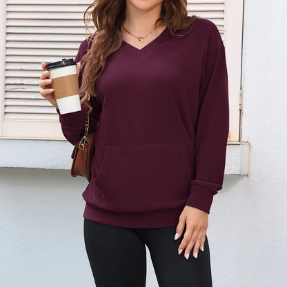 Women's V Neck Sweatshirt with Kangaroo Pocket, Fleece Long Sleeve Oversized Pullover, Casual Hoodless Top