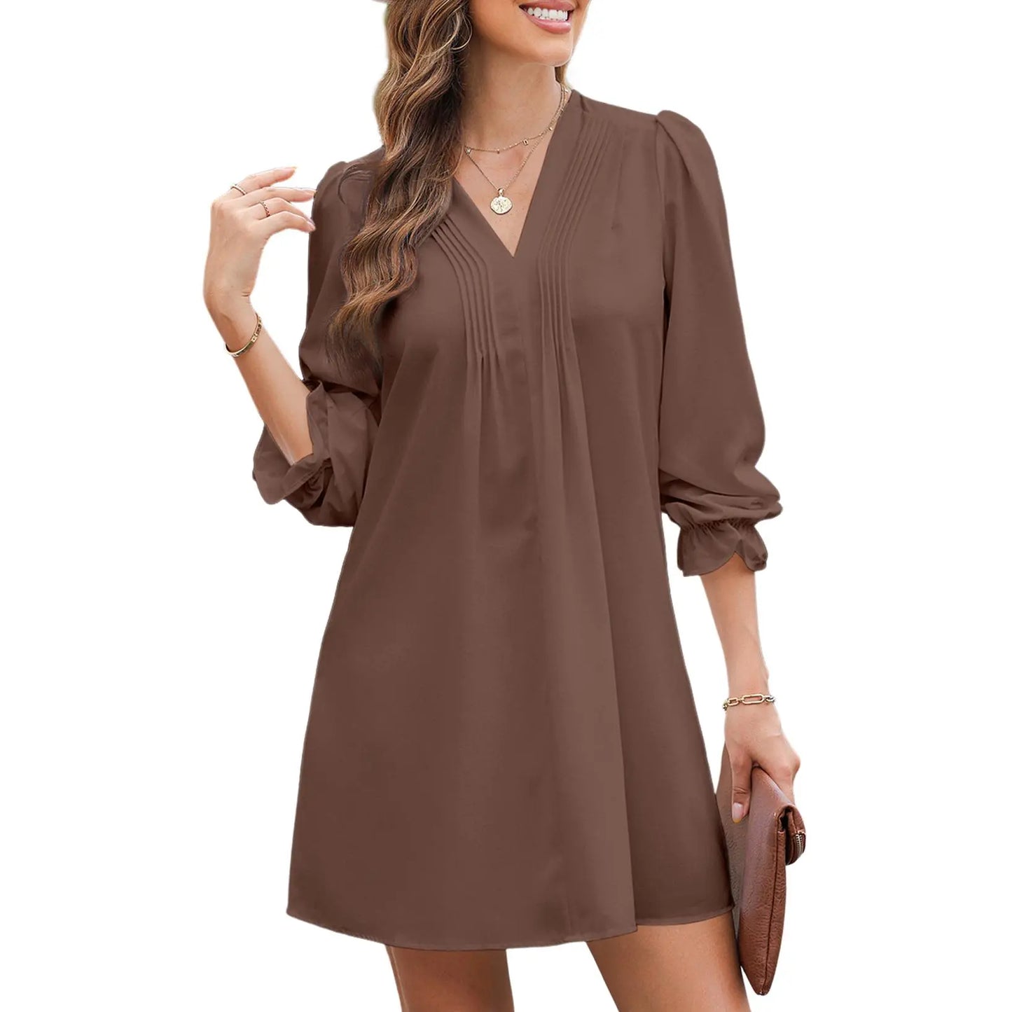Women’s Casual V-Neck A-Line Dress – Ruffle Sleeve Pleated Flowy Midi Dress
