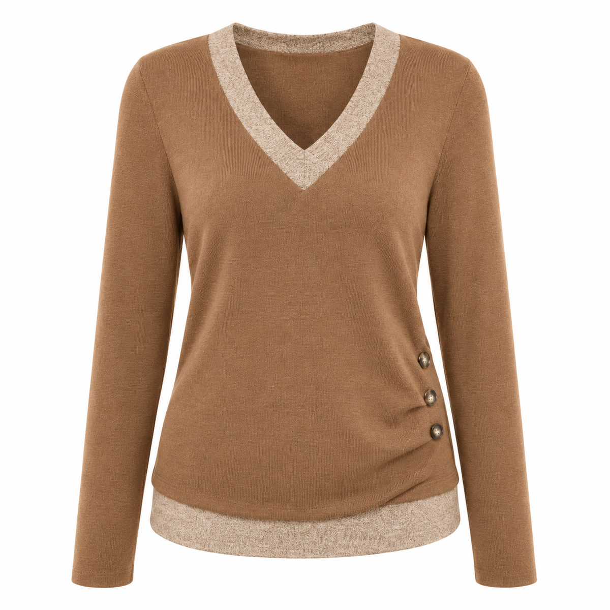 Women's Casual V-Neck Long Sleeve Knit Top with Side Button Detail