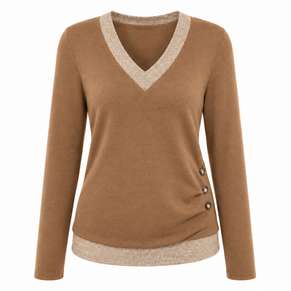 Women's Casual V-Neck Long Sleeve Knit Top with Side Button Detail