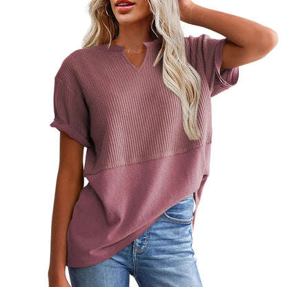 Women's Waffle Knit V-Neck Short Sleeve Top – Loose Fit Casual Summer T-Shirt