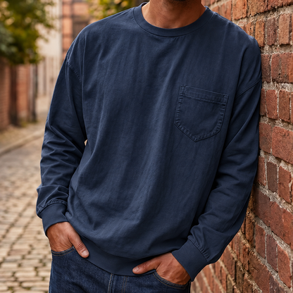 Men's Loose Fit Long Sleeve Pocket T-Shirt – Soft Cotton Blend Casual Tee for Everyday Wear