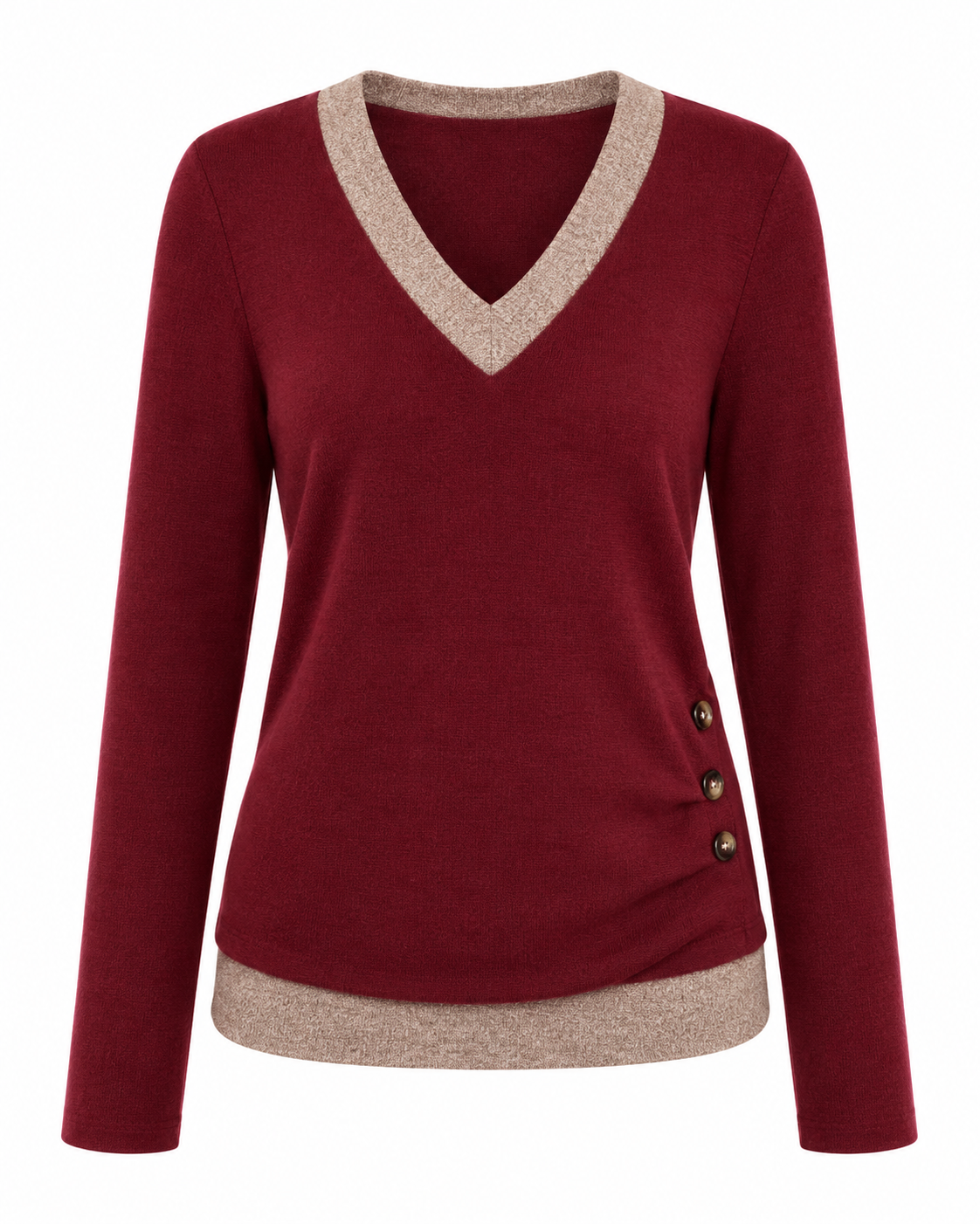 Women's Casual V-Neck Long Sleeve Knit Top with Side Button Detail