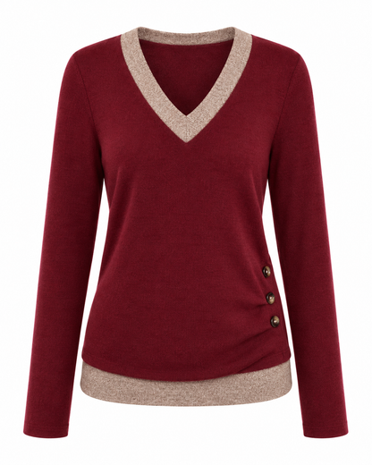 Women's Casual V-Neck Long Sleeve Knit Top with Side Button Detail