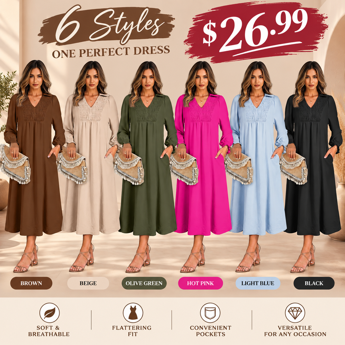 Womens Dresses 2026 Casual Dress V Neck Puff Long Sleeve Empire Waist A-Line Maxi Dress