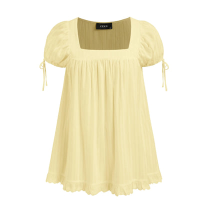 Women's Square Neck Puff Sleeve Blouse – Ruffle Trim Tie Detail Summer Casual Top, Feminine Short Sleeve Shirt