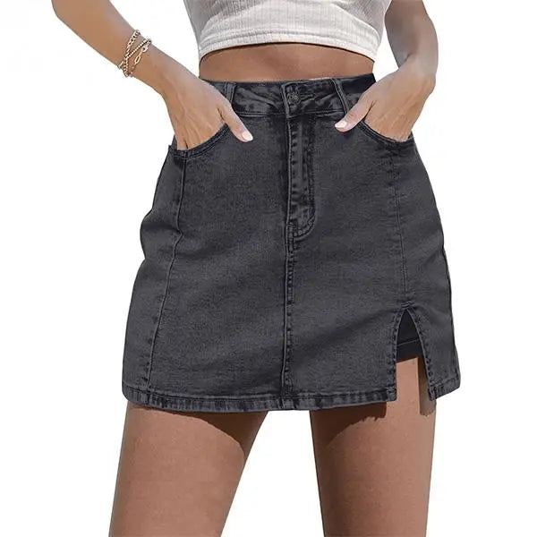 Women’s Denim Skort with Built-In Shorts – High-Waisted Stretch Mini Jean Skirt with Side Slit