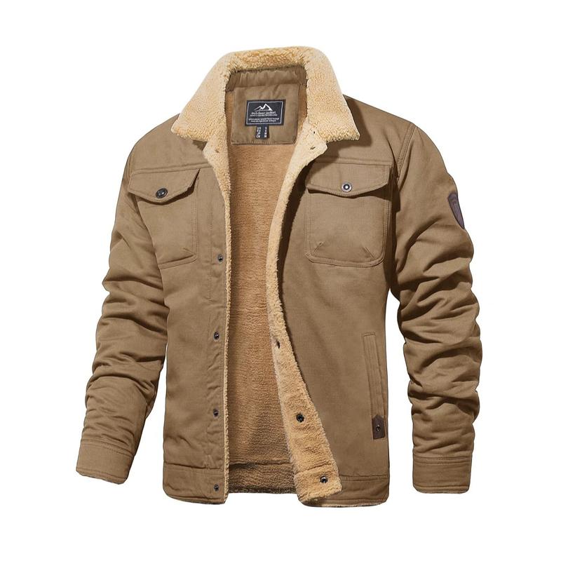 Men’s Sherpa-Lined Trucker Jacket – Fleece Cotton Coat in Khaki