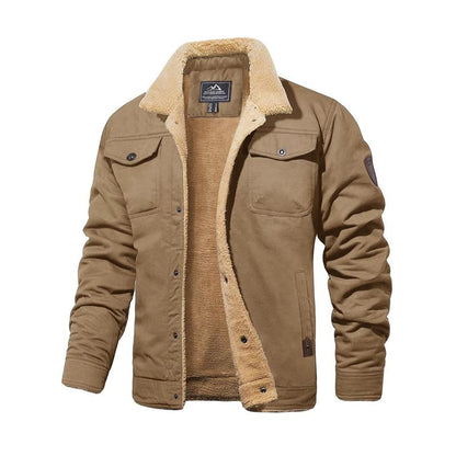 Men’s Sherpa-Lined Trucker Jacket – Fleece Cotton Coat in Khaki