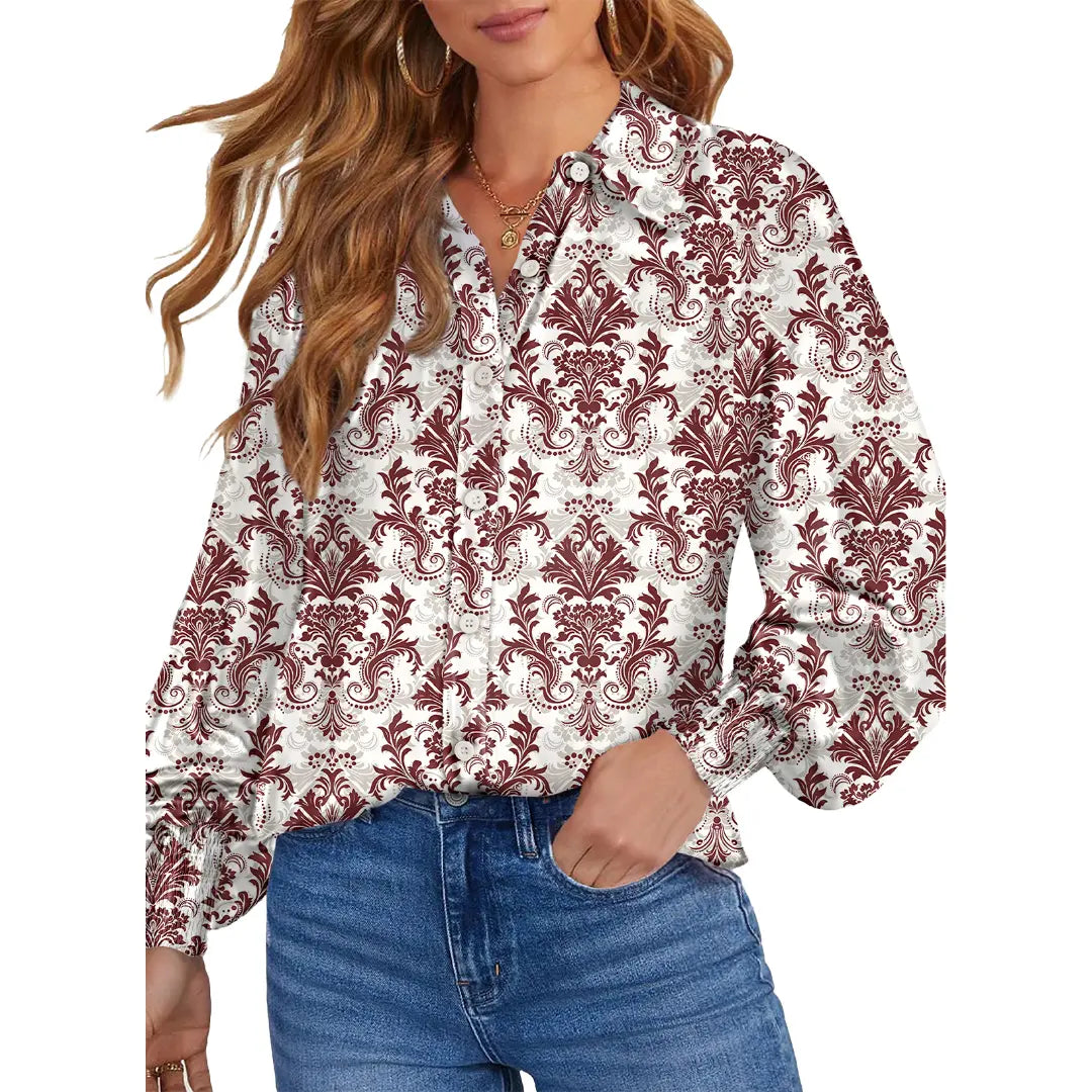 Women’s Floral Chiffon Button Down Blouse – V Neck Long Sleeve Casual Boho Shirt