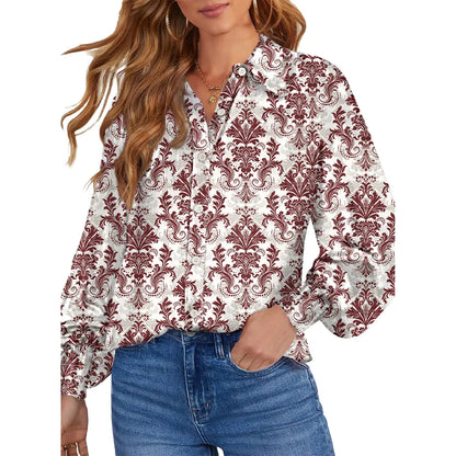 Women’s Floral Chiffon Button Down Blouse – V Neck Long Sleeve Casual Boho Shirt