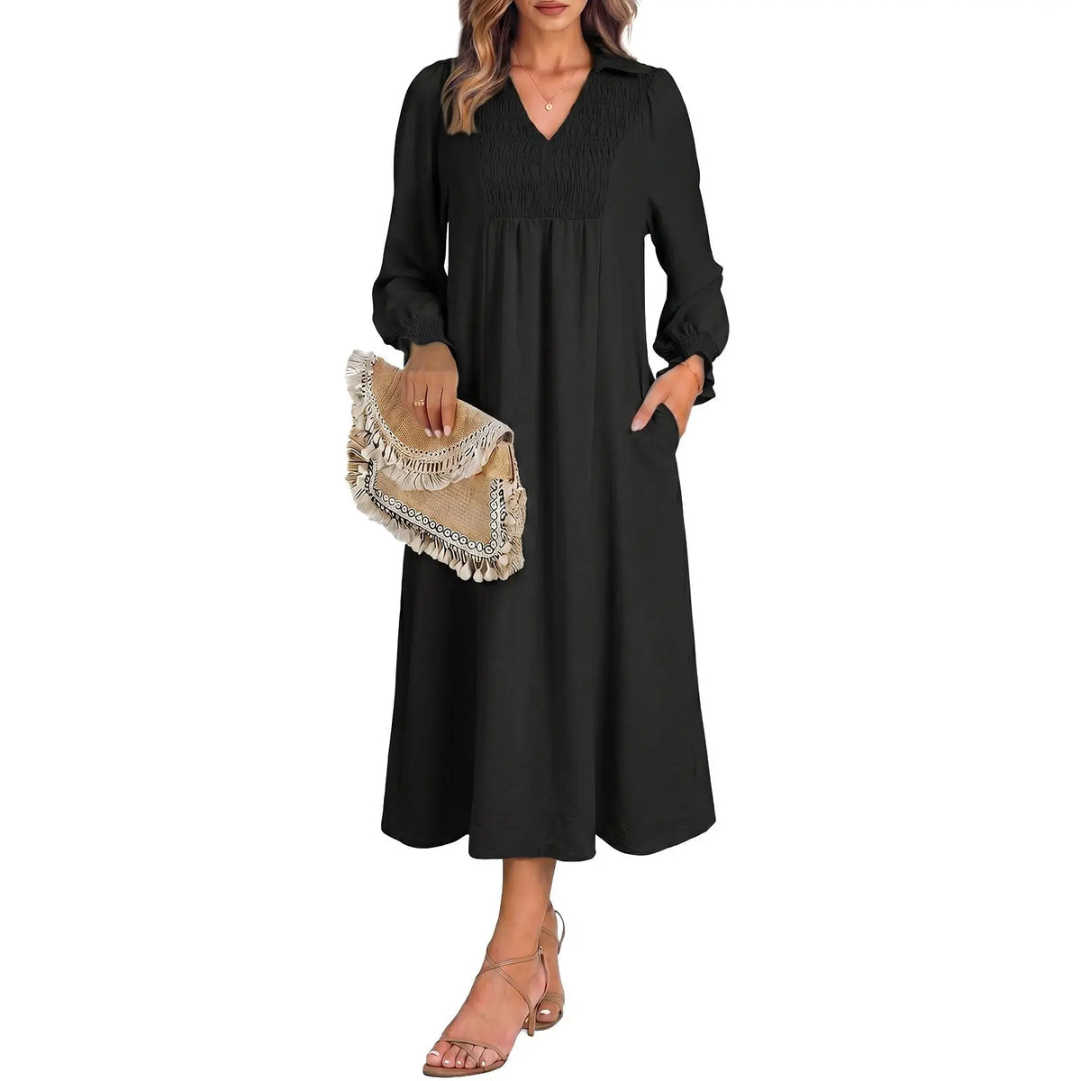 Womens Dresses 2026 Casual Dress V Neck Puff Long Sleeve Empire Waist A-Line Maxi Dress