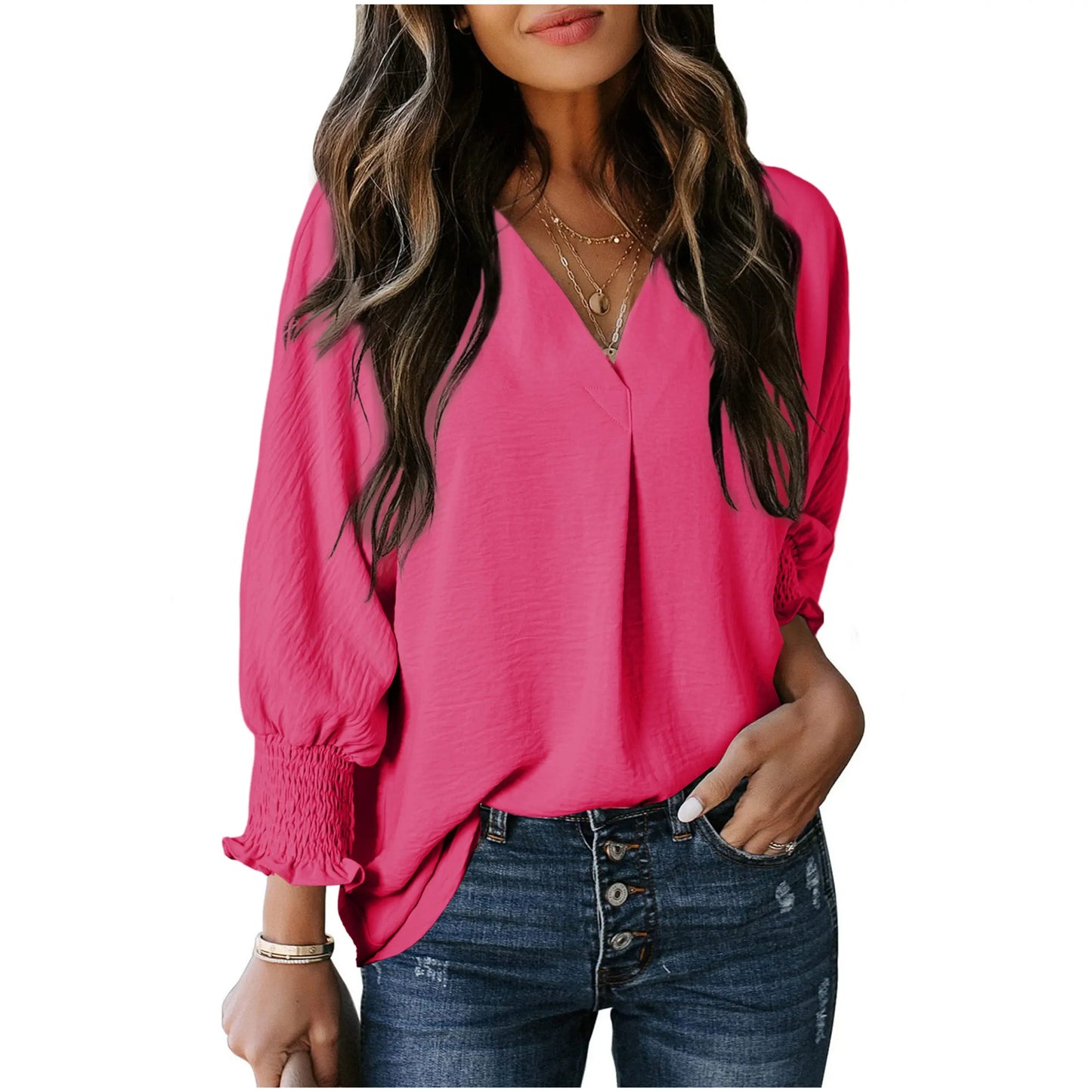 Limited time sale 🔥Womens Casual 3/4 Sleeve V Neck Loose Fit Basic Tees