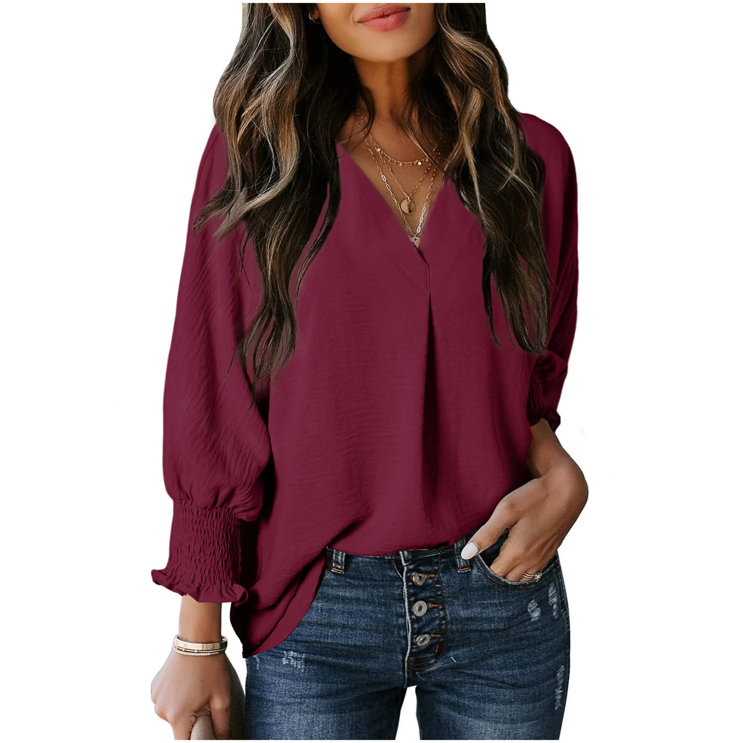 Limited time sale 🔥Womens Casual 3/4 Sleeve V Neck Loose Fit Basic Tees