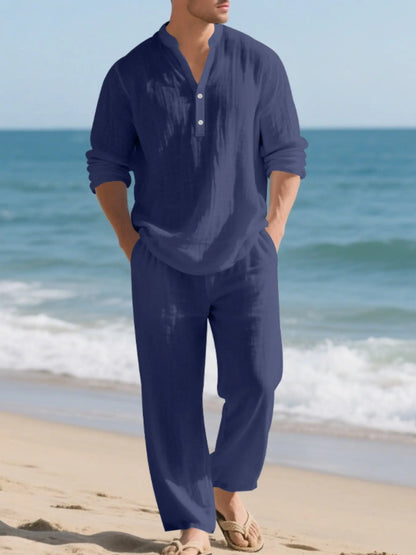 Men’s Linen Henley Shirt & Pants Set – Relaxed Fit Casual 2-Piece Outfit for Beach, Vacation & Everyday Wear