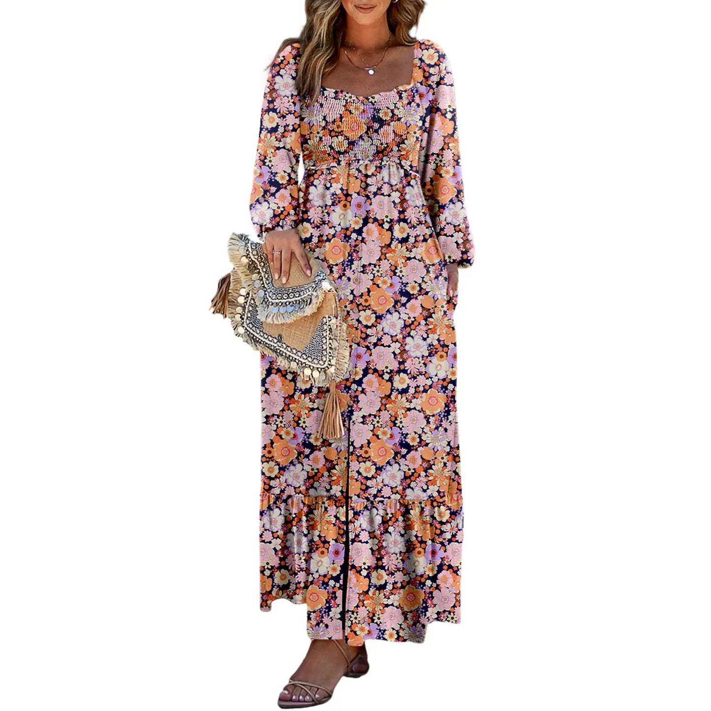 Women's Boho Floral Maxi Dress – Smocked Square Neck Long Sleeve Vacation Dress