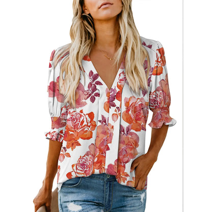 Women's Lightweight Floral Blouse – Cute V-Neck Ruffle Sleeve Summer Top