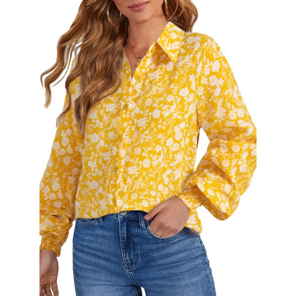 Women’s Floral Chiffon Button Down Blouse – V Neck Long Sleeve Casual Boho Shirt