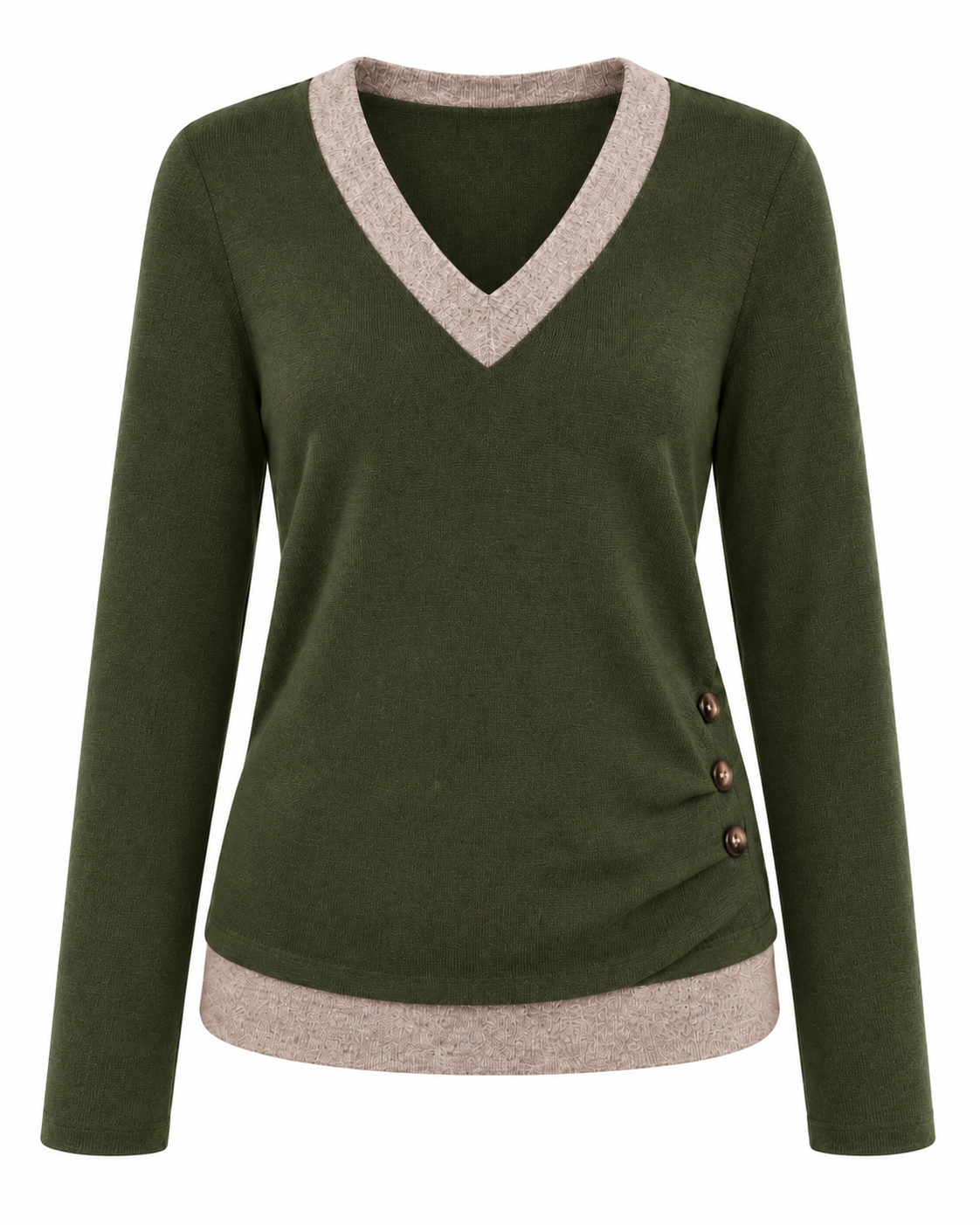Women's Casual V-Neck Long Sleeve Knit Top with Side Button Detail