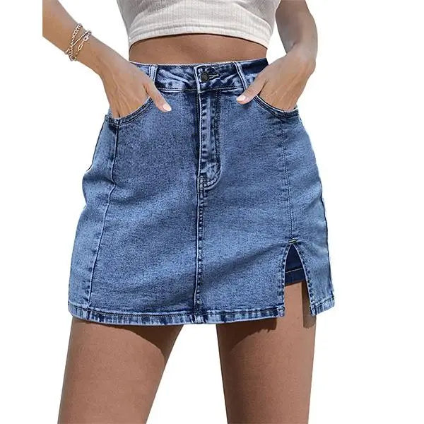 Women’s Denim Skort with Built-In Shorts – High-Waisted Stretch Mini Jean Skirt with Side Slit