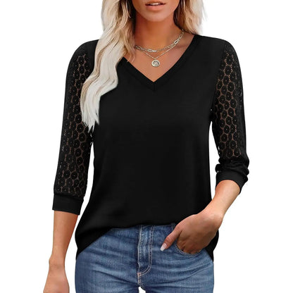 Women’s 3/4 Sleeve Lace V-Neck Tunic Top – Elegant Business Casual Blouse