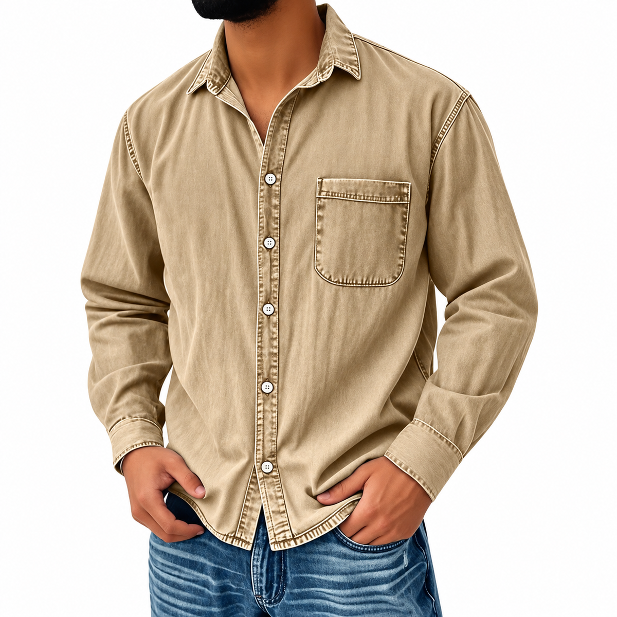 Men's Vintage Washed Denim Button-Down Shirt – Classic Casual Long Sleeve