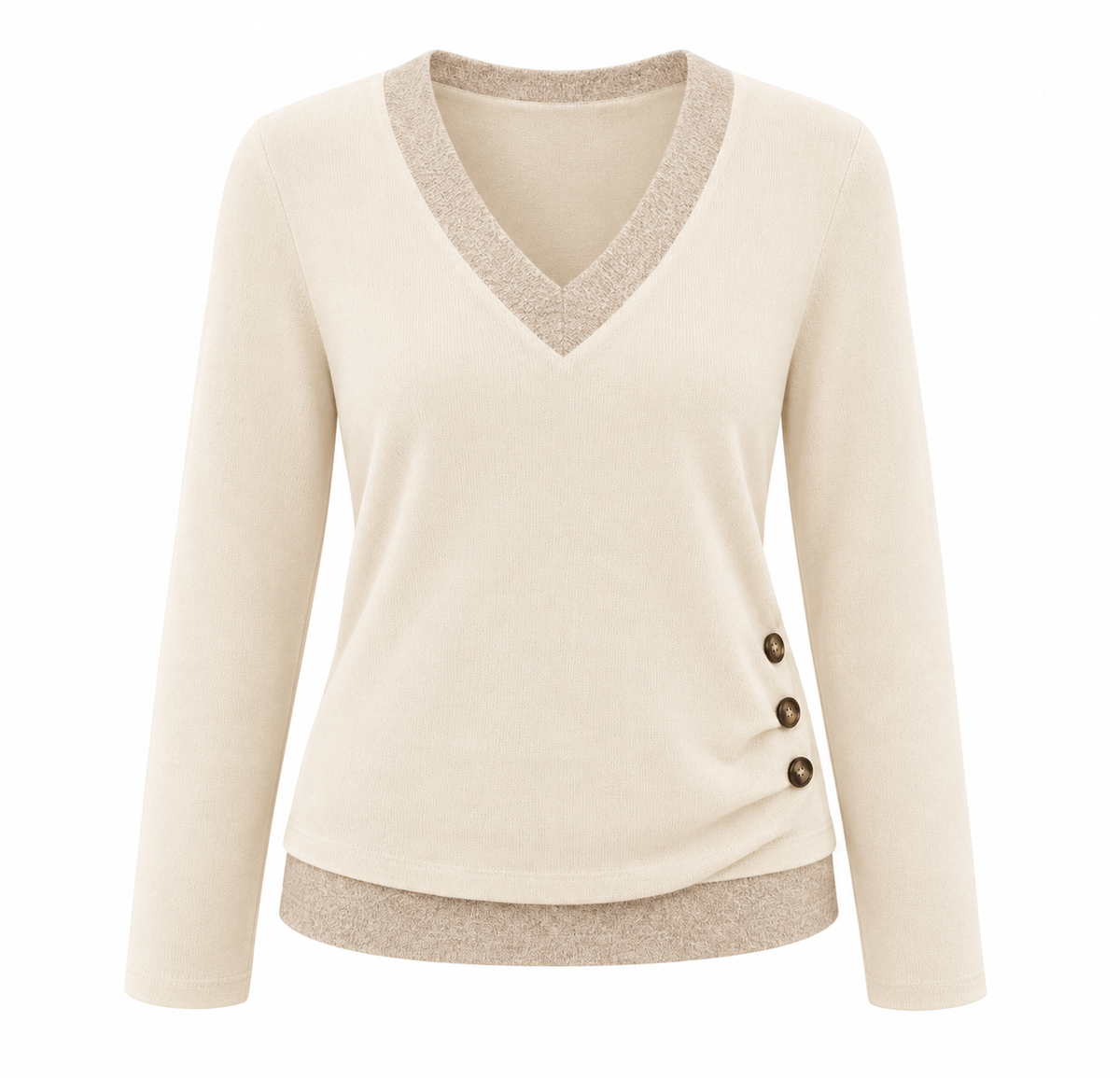 Women's Casual V-Neck Long Sleeve Knit Top with Side Button Detail