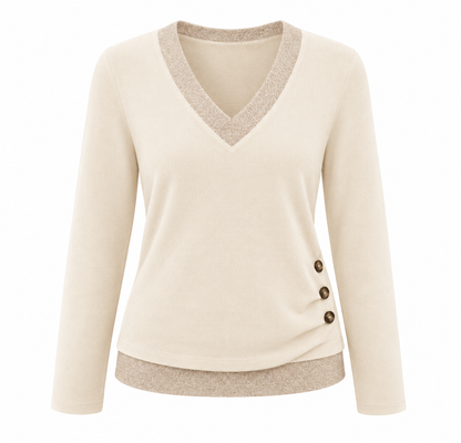 Women's Casual V-Neck Long Sleeve Knit Top with Side Button Detail