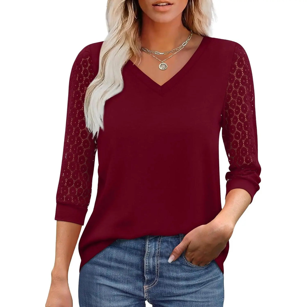 Women’s 3/4 Sleeve Lace V-Neck Tunic Top – Elegant Business Casual Blouse