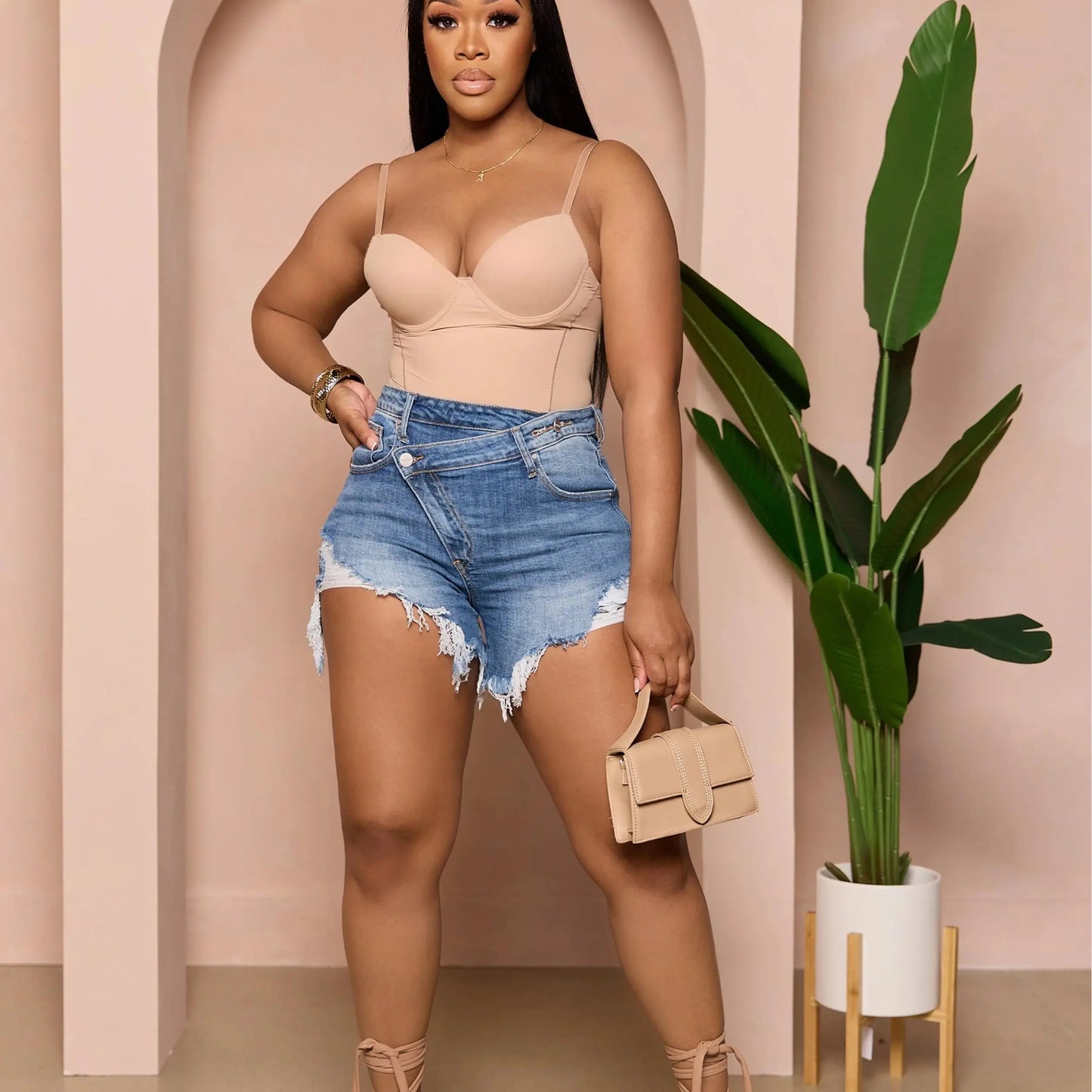 Women's High Waisted Crossover Denim Shorts | Stretch Ripped Summer Jean Shorts
