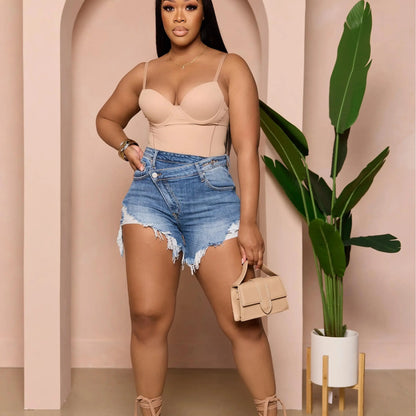 Women's High Waisted Crossover Denim Shorts | Stretch Ripped Summer Jean Shorts