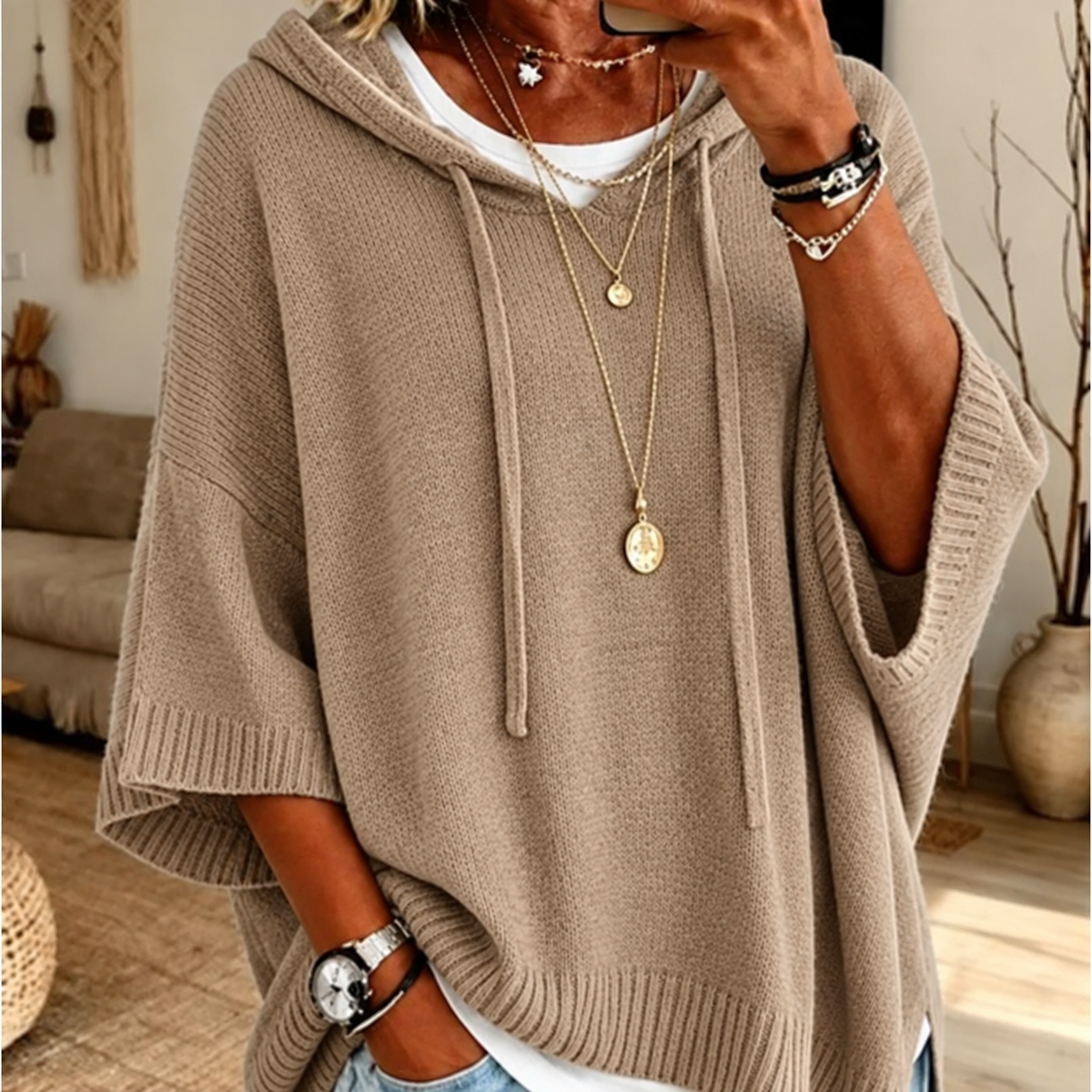 Oversized Knit Hoodie with Drawstring