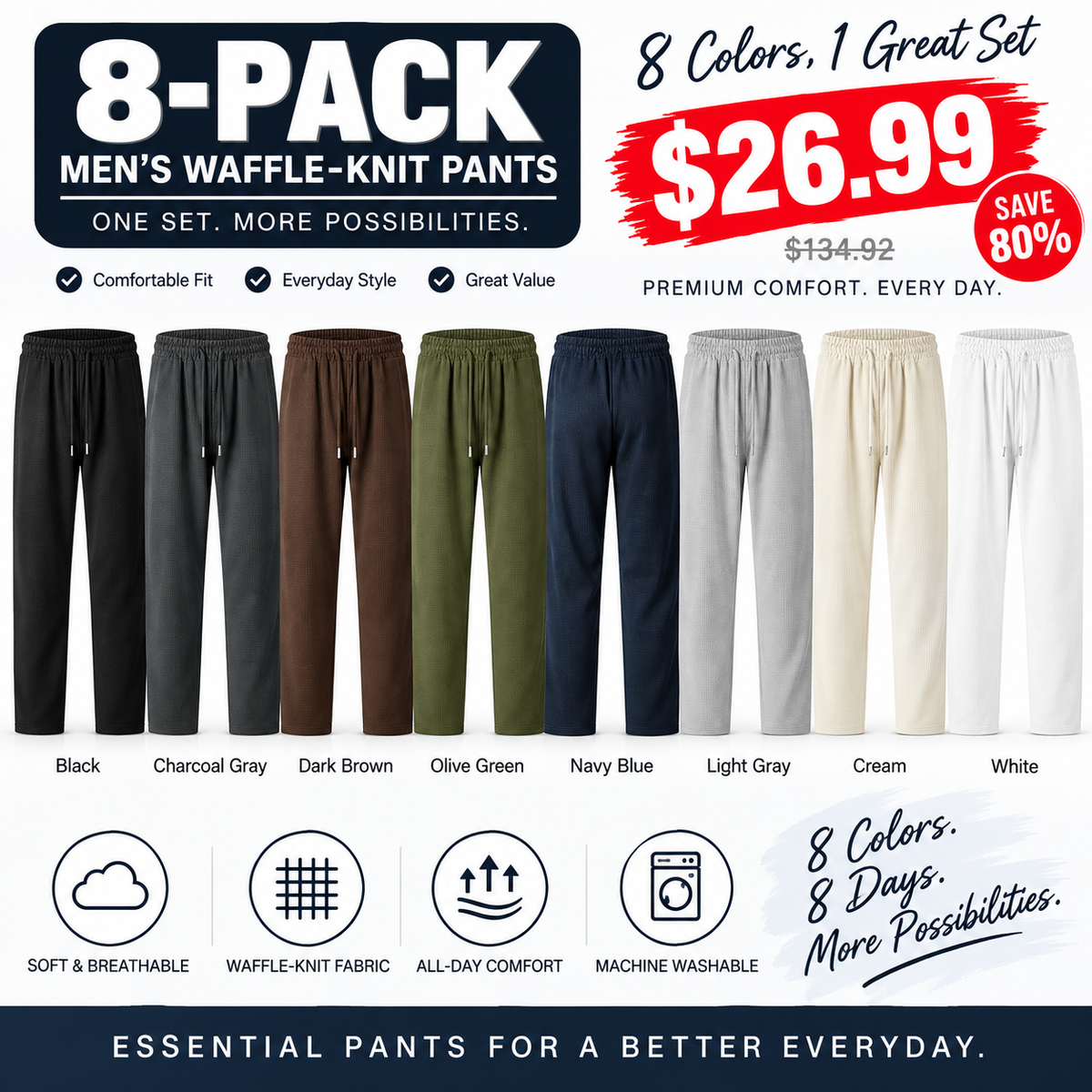 👖 Pull On & Go | Men's Waffle-Knit Drawstring Straight-Leg Pants