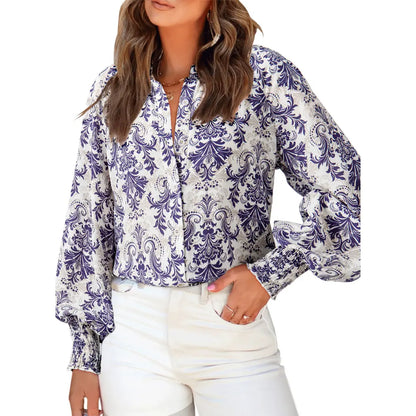 Women’s Floral Chiffon Button Down Blouse – V Neck Long Sleeve Casual Boho Shirt
