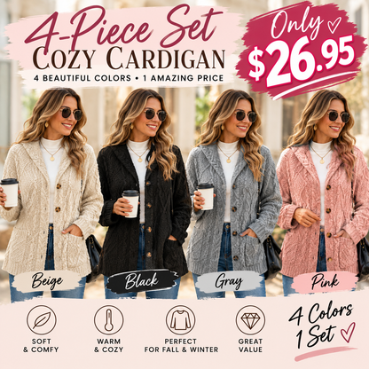 Women's Cozy Fleece Hooded Cardigan Jacket – Soft Button-Down Coat with Pockets